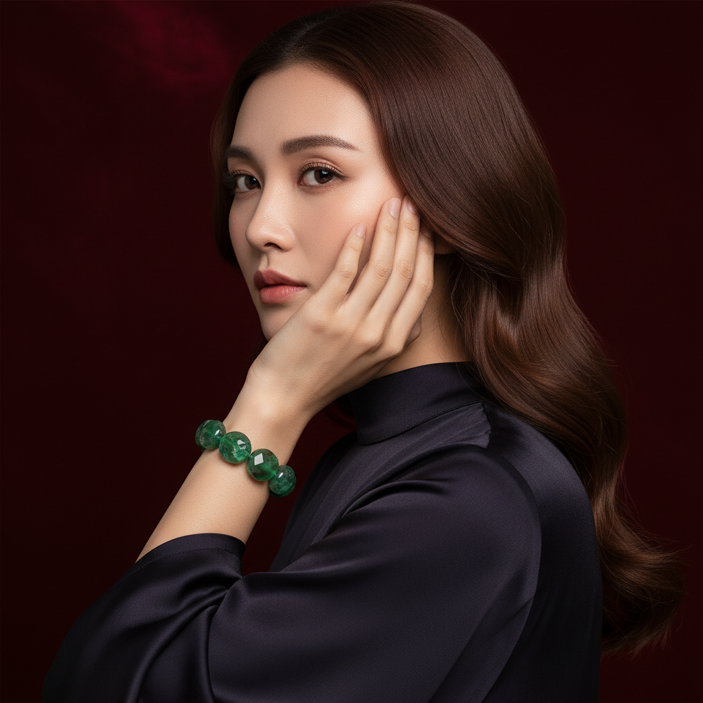 美女佩戴绿东陵手串