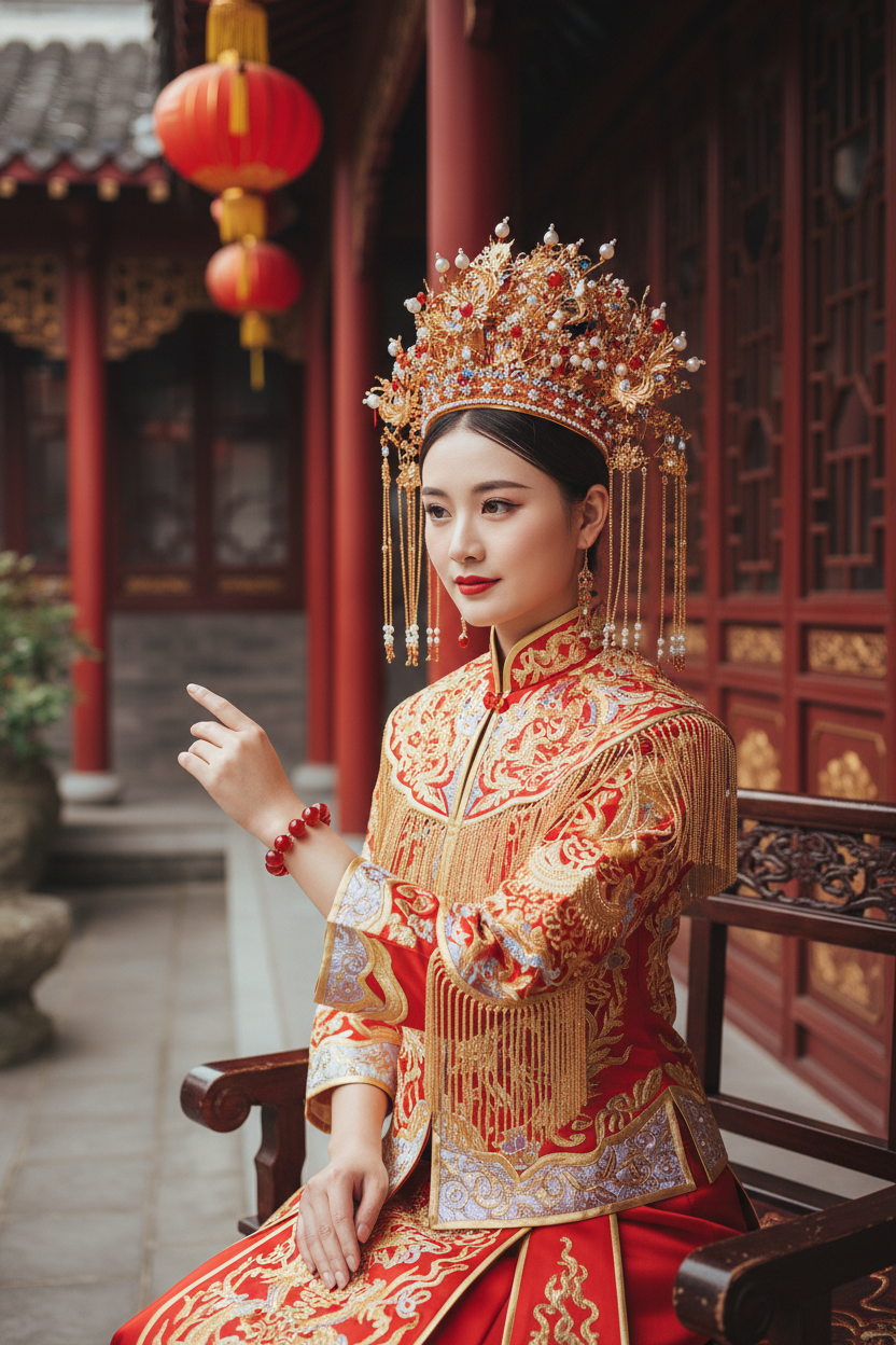 凤冠霞披中国美女佩戴红水晶手串 - 另一只手