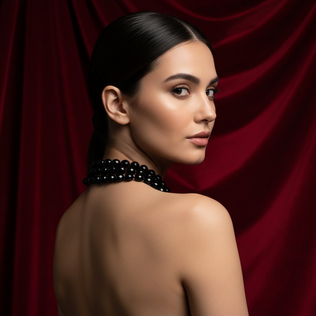 美女佩戴黑曜石项链