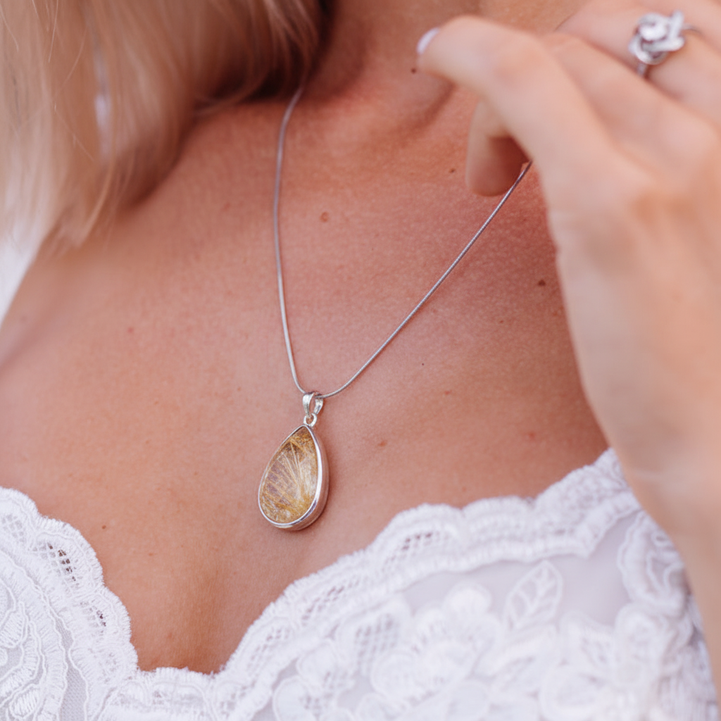 模特佩戴金发晶吊坠