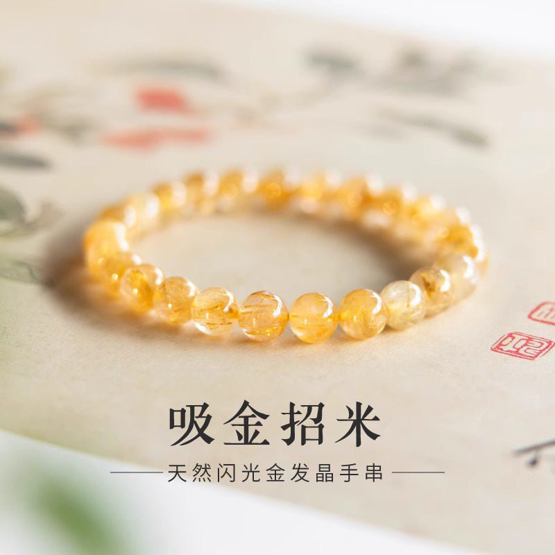 Golden Rutilated Quartz Bracelet Natural Brazilian Premium Yellow Crystal Raw Stone Good Luck Bracelet Fortune Beads Yellow Agate - CN Heal Vibe