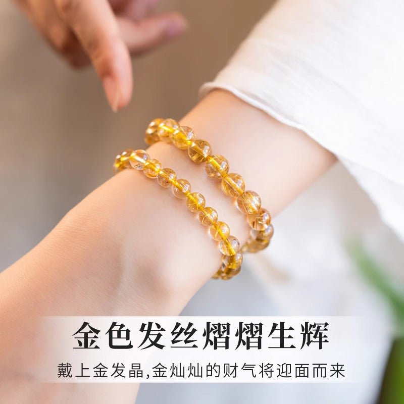 Golden Rutilated Quartz Bracelet Natural Brazilian Premium Yellow Crystal Raw Stone Good Luck Bracelet Fortune Beads Yellow Agate - CN Heal Vibe