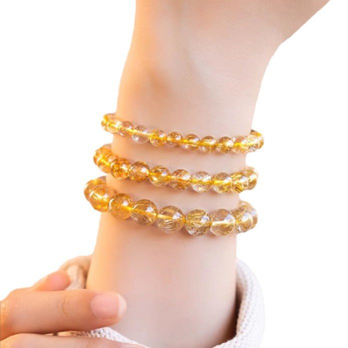 Golden Rutilated Quartz Bracelet Natural Brazilian Premium Yellow Crystal Raw Stone Good Luck Bracelet Fortune Beads Yellow Agate - CN Heal Vibe
