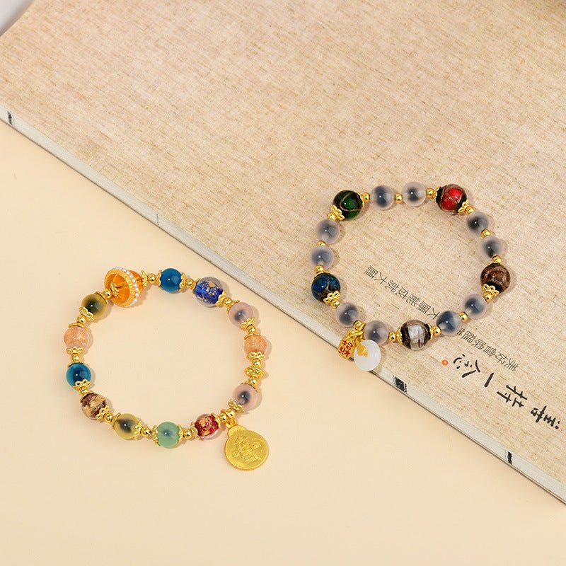 Half Sugar Heart Agate Multi - Gem Five - Color Gold Foil Glass Bracelet - CN Heal Vibe