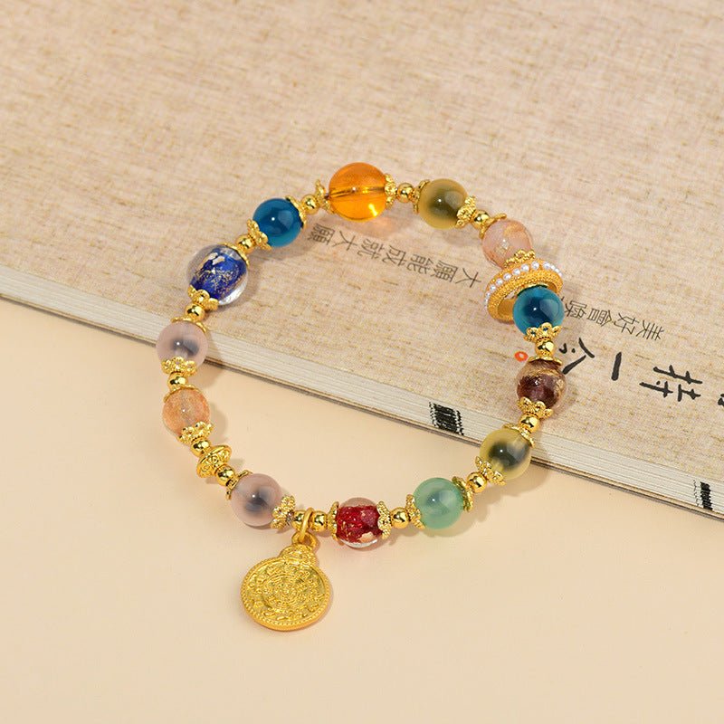 Half Sugar Heart Agate Multi - Gem Five - Color Gold Foil Glass Bracelet - CN Heal Vibe