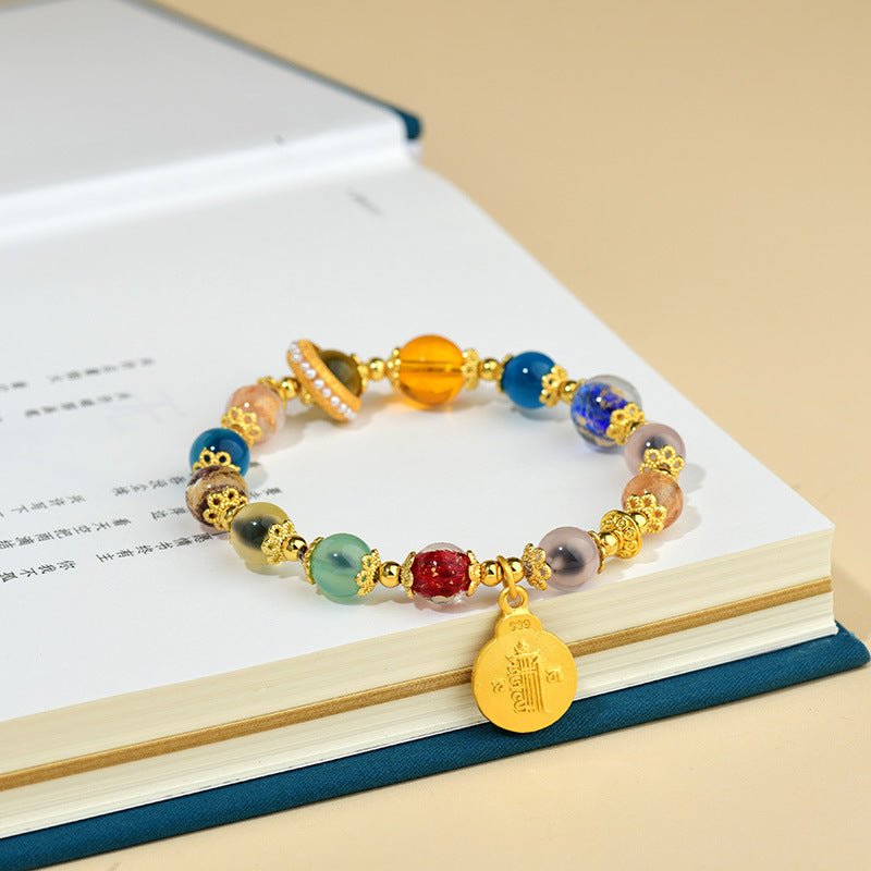 Half Sugar Heart Agate Multi - Gem Five - Color Gold Foil Glass Bracelet - CN Heal Vibe