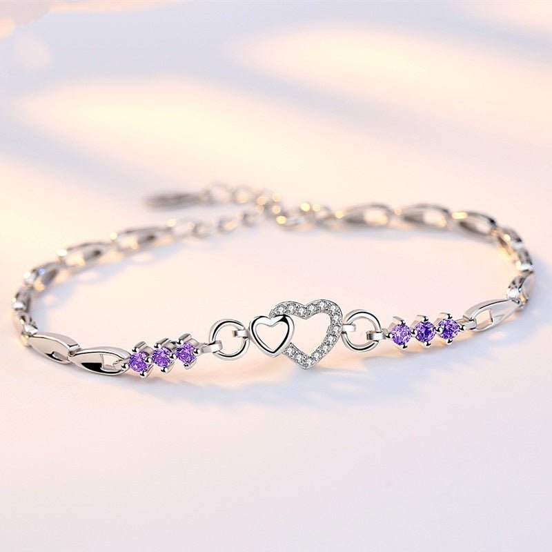 Heart Shaped Amethyst Silver Plated Bracelet with CZ Stones Women's Jewelry Zircon Love Bracelet Valentine's Day Gift - CN Heal Vibe