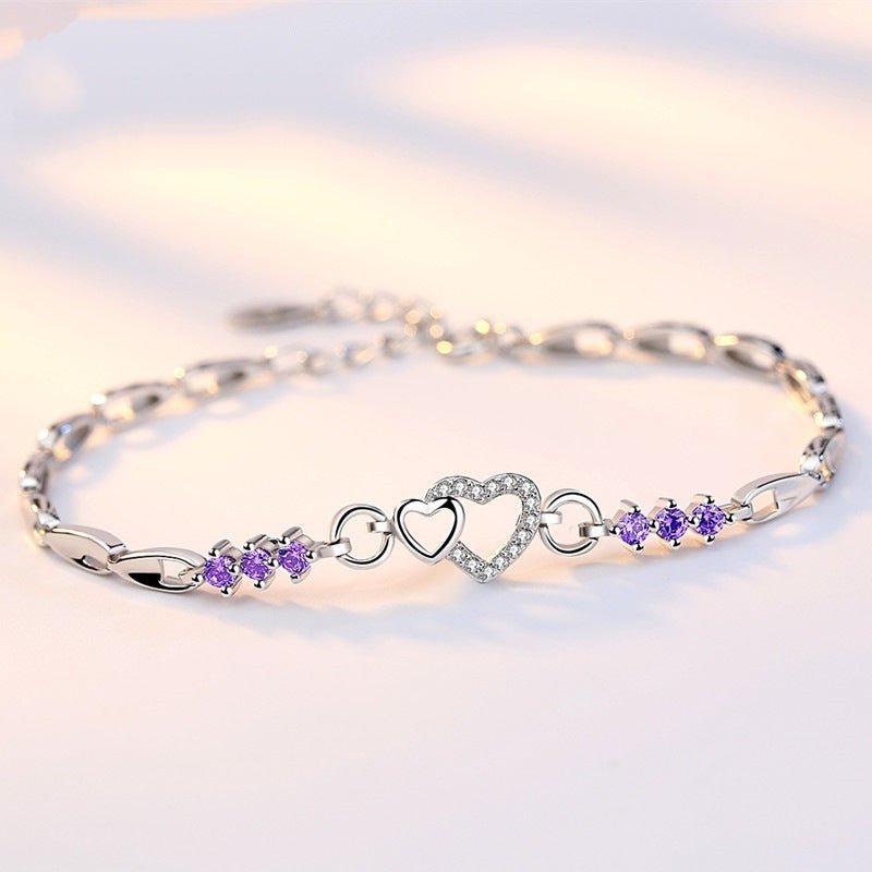 Heart Shaped Amethyst Silver Plated Bracelet with CZ Stones Women's Jewelry Zircon Love Bracelet Valentine's Day Gift - CN Heal Vibe