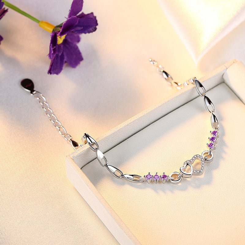Heart Shaped Amethyst Silver Plated Bracelet with CZ Stones Women's Jewelry Zircon Love Bracelet Valentine's Day Gift - CN Heal Vibe