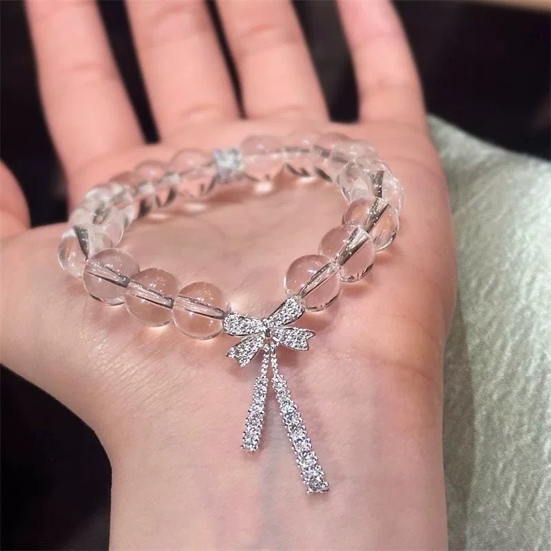Light Luxury Ice Transparent White Crystal Micro Inlaid Bow Ribbon Bracelet for Women, Cool and Delicate Fairy Beaded Jewelry - CN Heal Vibe