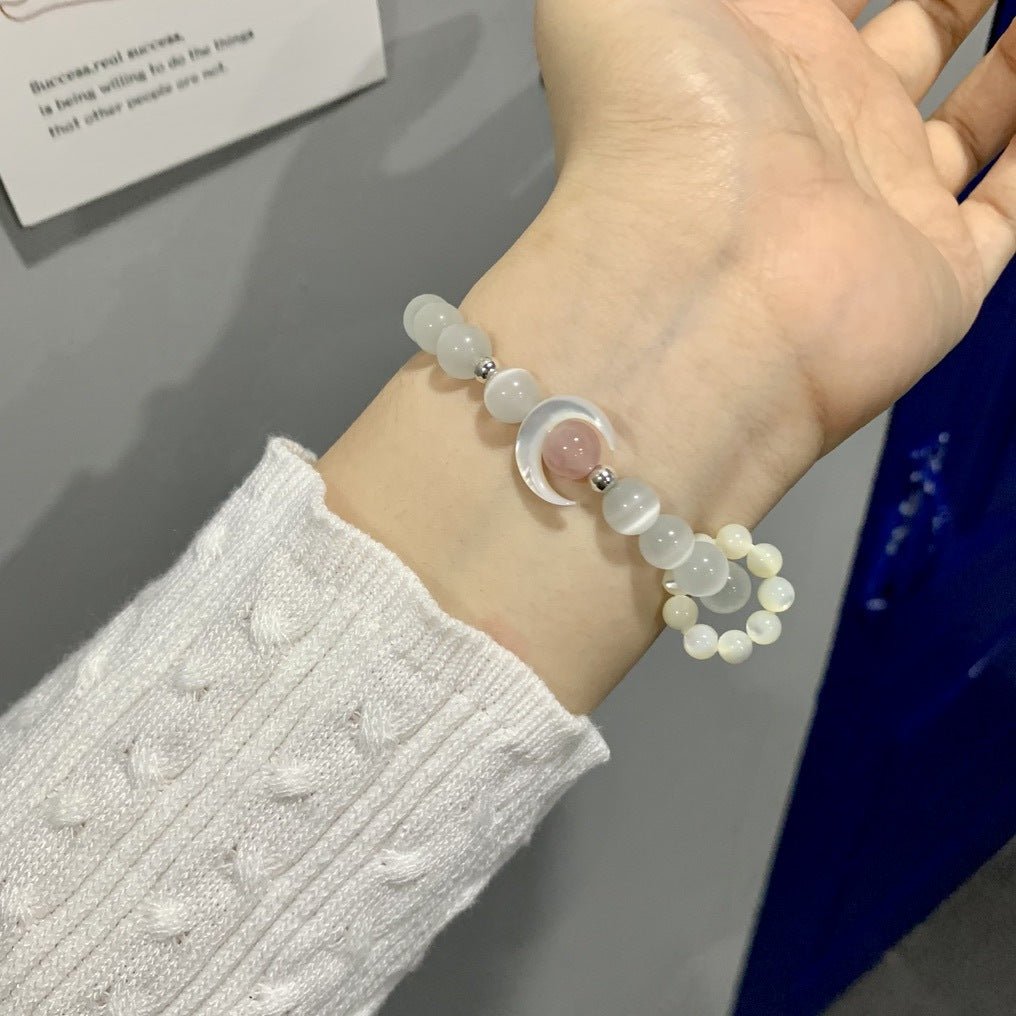 Moon&You Natural Pink Quartz Cat's Eye Stone Blue Topaz Amethyst Bracelet Women's Beaded Charm Jewelry Gift - CN Heal Vibe