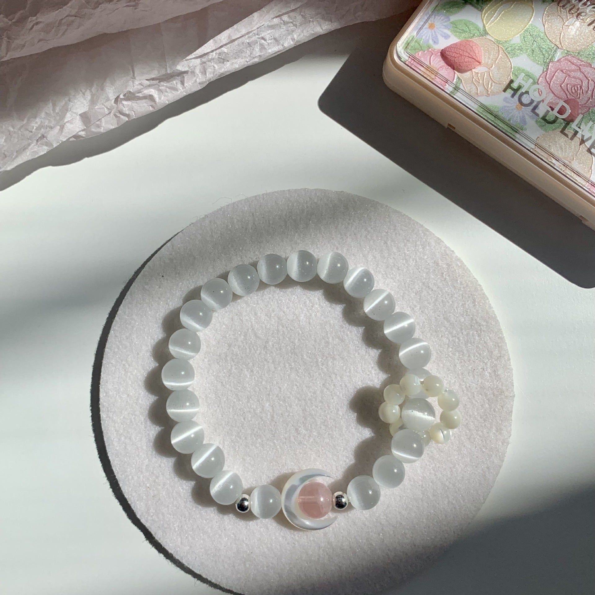 Moon&You Natural Pink Quartz Cat's Eye Stone Blue Topaz Amethyst Bracelet Women's Beaded Charm Jewelry Gift - CN Heal Vibe