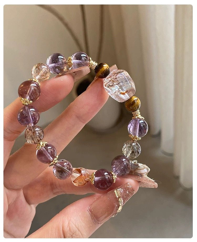 Natural Amethyst Bracelet for Women 7 Chakra Healing Stones Tiger Eye Hematite Gold Rutilated Super Seven Beaded Stretch Bracelet for Luck Wealth Protection Gift - CN Heal Vibe