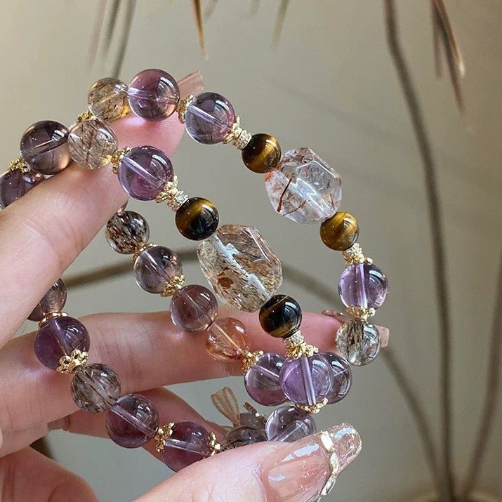 Natural Amethyst Bracelet for Women 7 Chakra Healing Stones Tiger Eye Hematite Gold Rutilated Super Seven Beaded Stretch Bracelet for Luck Wealth Protection Gift - CN Heal Vibe