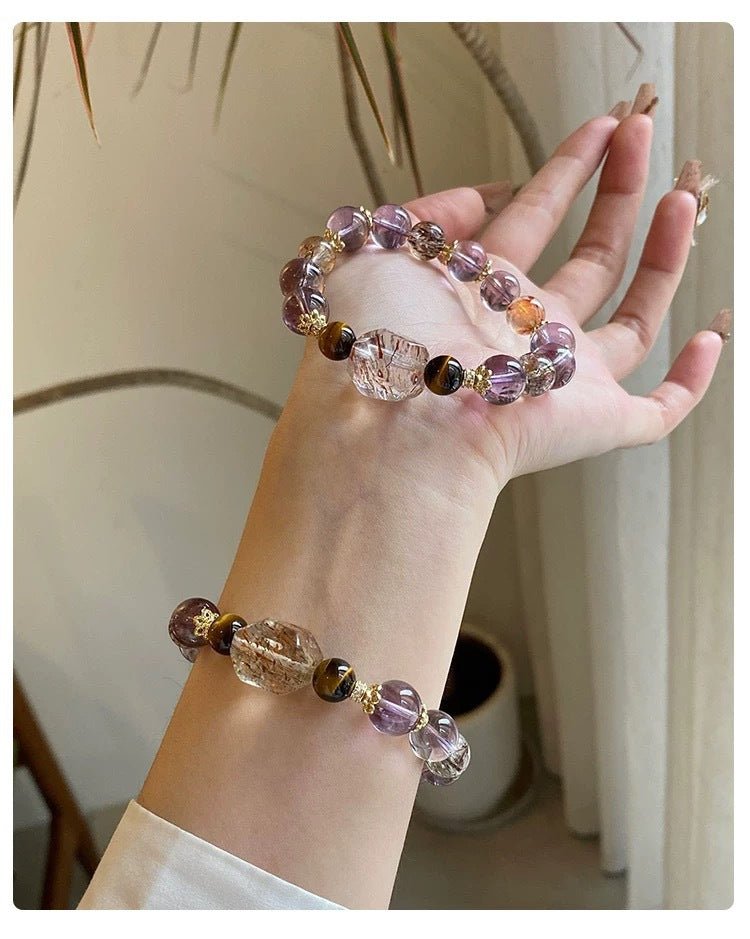 Natural Amethyst Bracelet for Women 7 Chakra Healing Stones Tiger Eye Hematite Gold Rutilated Super Seven Beaded Stretch Bracelet for Luck Wealth Protection Gift - CN Heal Vibe