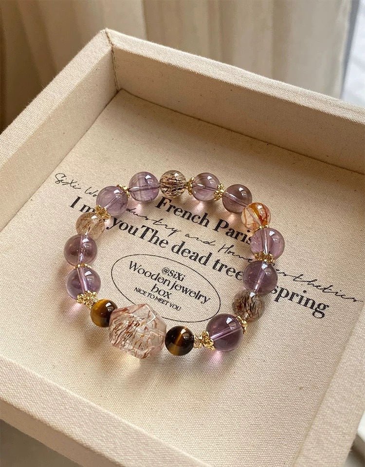 Natural Amethyst Bracelet for Women 7 Chakra Healing Stones Tiger Eye Hematite Gold Rutilated Super Seven Beaded Stretch Bracelet for Luck Wealth Protection Gift - CN Heal Vibe