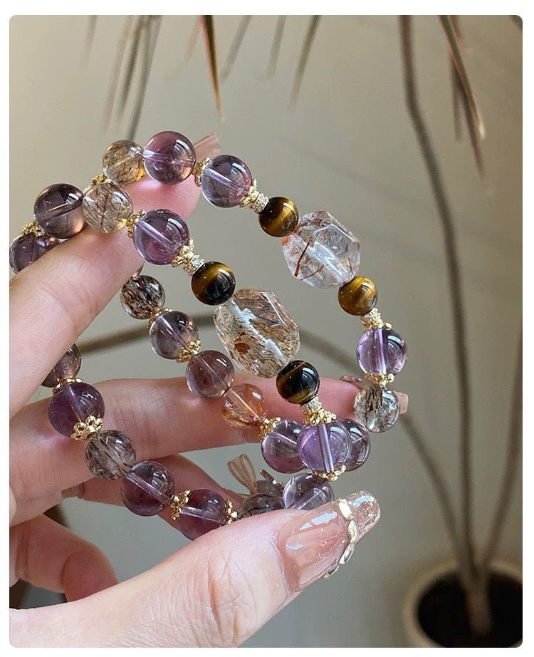 Natural Amethyst Bracelet for Women 7 Chakra Healing Stones Tiger Eye Hematite Gold Rutilated Super Seven Beaded Stretch Bracelet for Luck Wealth Protection Gift - CN Heal Vibe