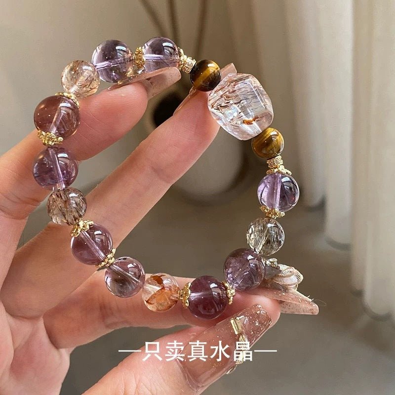 Natural Amethyst Bracelet for Women 7 Chakra Healing Stones Tiger Eye Hematite Gold Rutilated Super Seven Beaded Stretch Bracelet for Luck Wealth Protection Gift - CN Heal Vibe