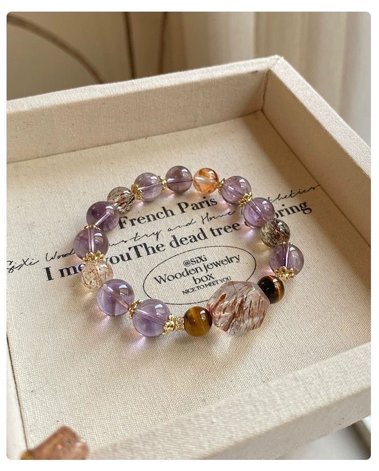 Natural Amethyst Bracelet for Women 7 Chakra Healing Stones Tiger Eye Hematite Gold Rutilated Super Seven Beaded Stretch Bracelet for Luck Wealth Protection Gift - CN Heal Vibe