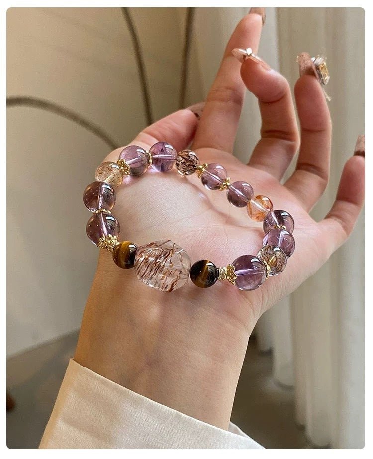 Natural Amethyst Bracelet for Women 7 Chakra Healing Stones Tiger Eye Hematite Gold Rutilated Super Seven Beaded Stretch Bracelet for Luck Wealth Protection Gift - CN Heal Vibe
