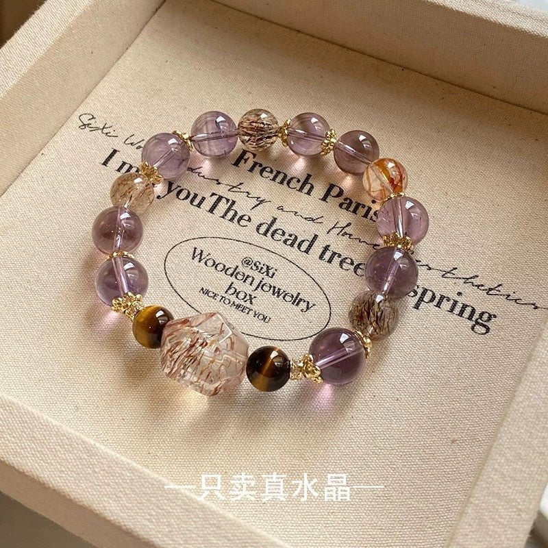 Natural Amethyst Bracelet for Women 7 Chakra Healing Stones Tiger Eye Hematite Gold Rutilated Super Seven Beaded Stretch Bracelet for Luck Wealth Protection Gift - CN Heal Vibe