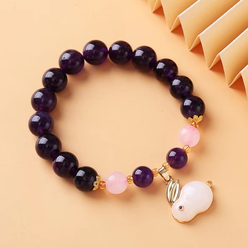Natural Amethyst Bracelet for Women Korean Style Fashion Temperament Personalized Minimalist Pink Crystal Moon Rabbit Pendant Beaded Bracelet Jewelry - CN Heal Vibe