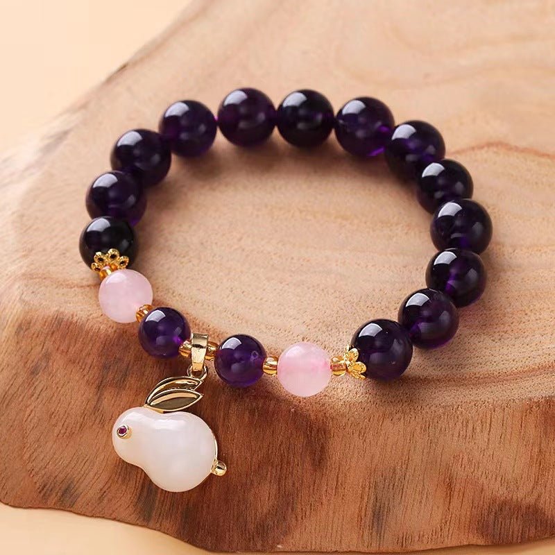 Natural Amethyst Bracelet for Women Korean Style Fashion Temperament Personalized Minimalist Pink Crystal Moon Rabbit Pendant Beaded Bracelet Jewelry - CN Heal Vibe