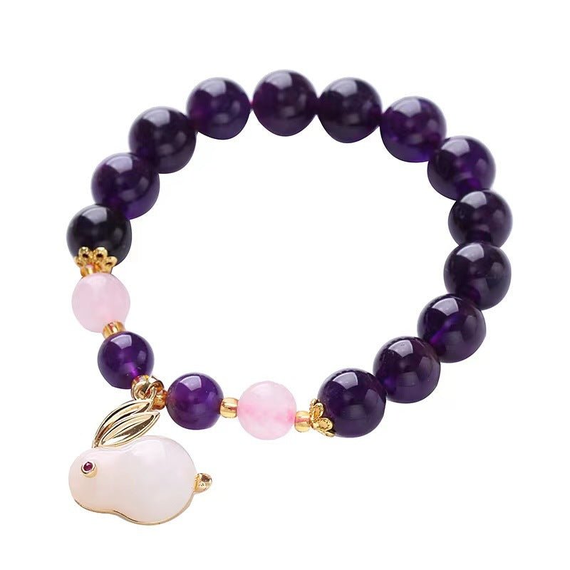 Natural Amethyst Bracelet for Women Korean Style Fashion Temperament Personalized Minimalist Pink Crystal Moon Rabbit Pendant Beaded Bracelet Jewelry - CN Heal Vibe