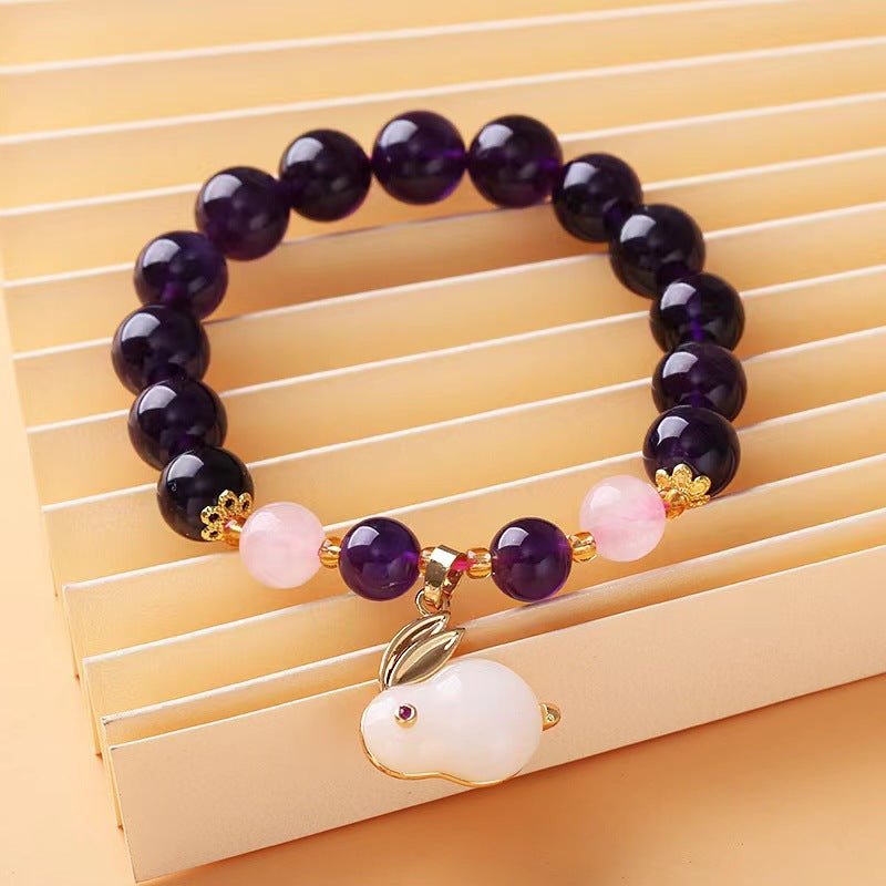 Natural Amethyst Bracelet for Women Korean Style Fashion Temperament Personalized Minimalist Pink Crystal Moon Rabbit Pendant Beaded Bracelet Jewelry - CN Heal Vibe
