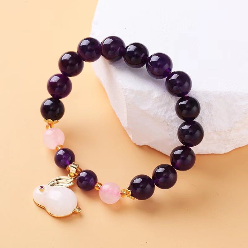 Natural Amethyst Bracelet for Women Korean Style Fashion Temperament Personalized Minimalist Pink Crystal Moon Rabbit Pendant Beaded Bracelet Jewelry - CN Heal Vibe