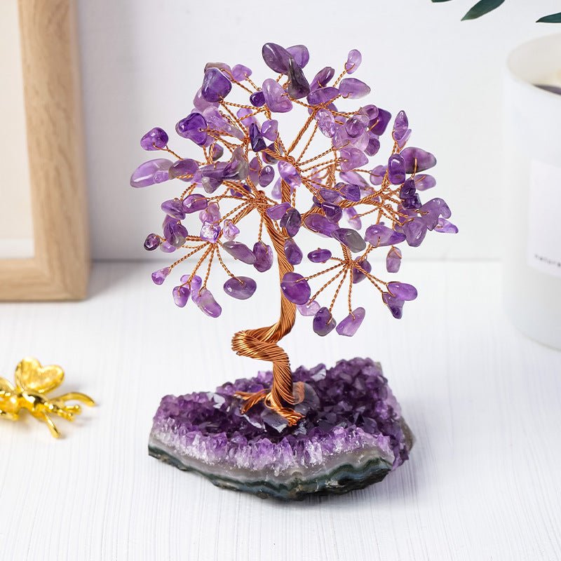 Natural Amethyst Cluster Money Tree Ornament with Amethyst Chips and Crystal Stone Base for Home Office Decoration Feng Shui Wealth Luck - CN Heal Vibe