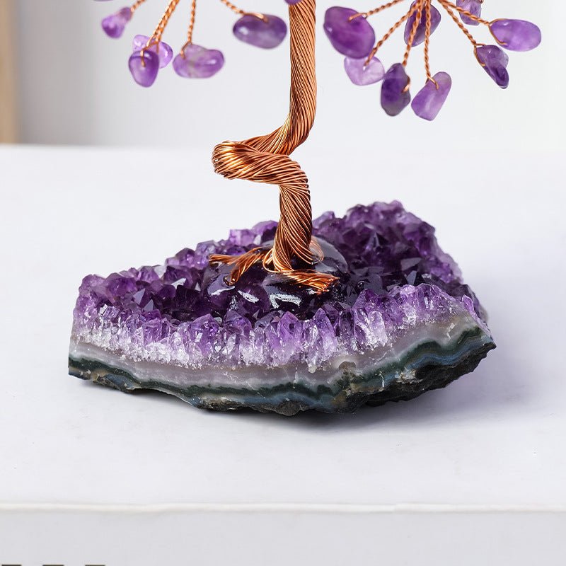 Natural Amethyst Cluster Money Tree Ornament with Amethyst Chips and Crystal Stone Base for Home Office Decoration Feng Shui Wealth Luck - CN Heal Vibe