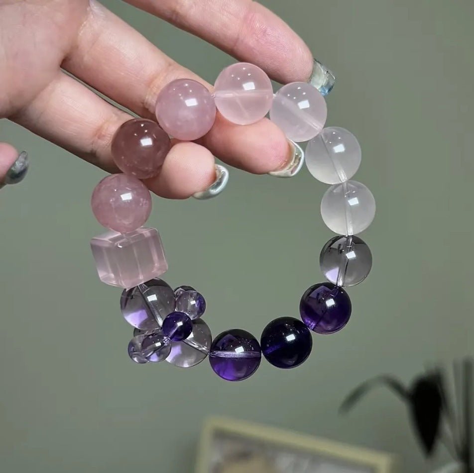 Natural Amethyst Gradient Rose Quartz Clear Crystal Beaded Bracelet Women's Light Luxury Jewelry Stackable Beaded Bracelets for Girls Gift - CN Heal Vibe
