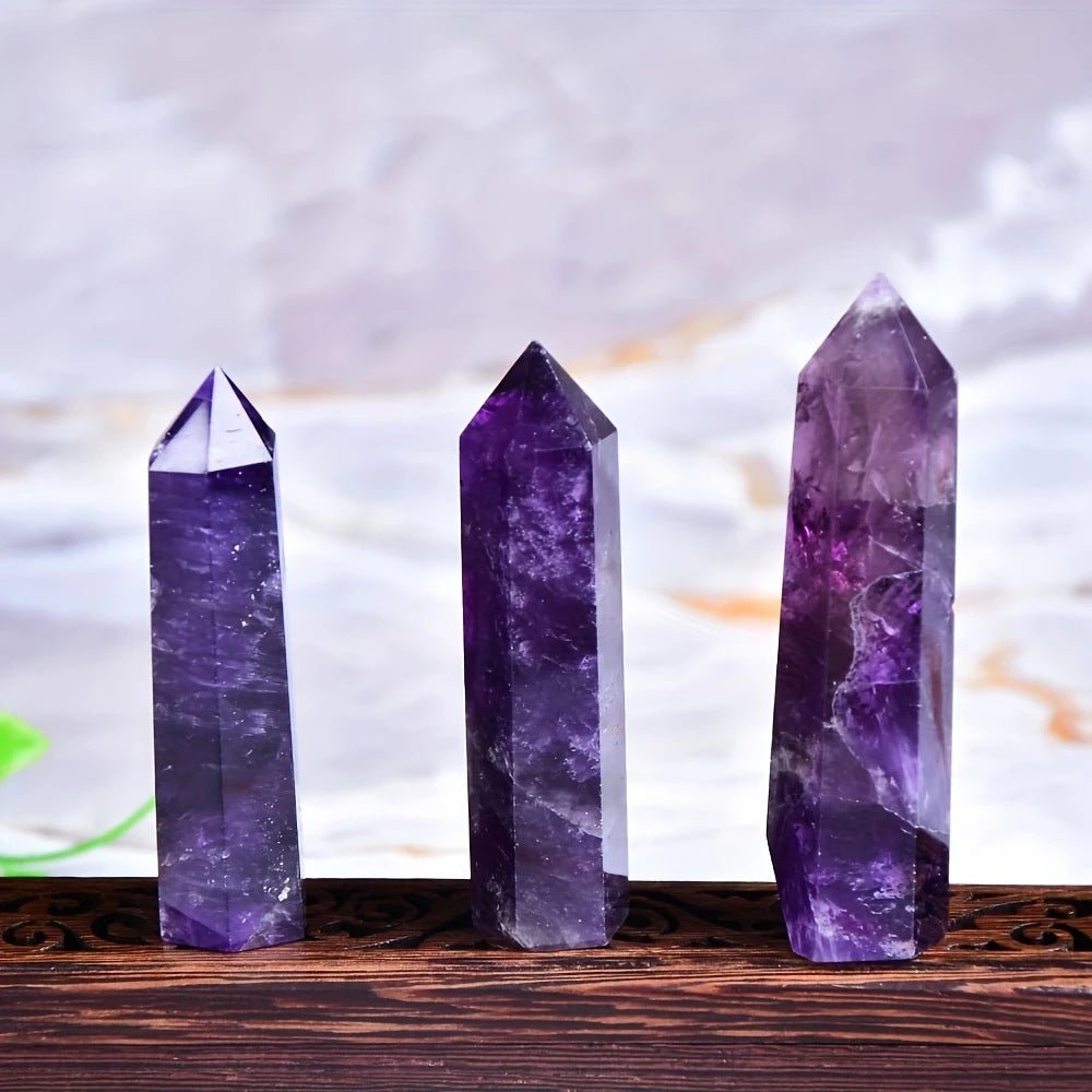 Natural Amethyst Hexagonal Prism Pointed Crystal Stone Polished Healing Energy Reiki Chakra Decorative Ornament - CN Heal Vibe