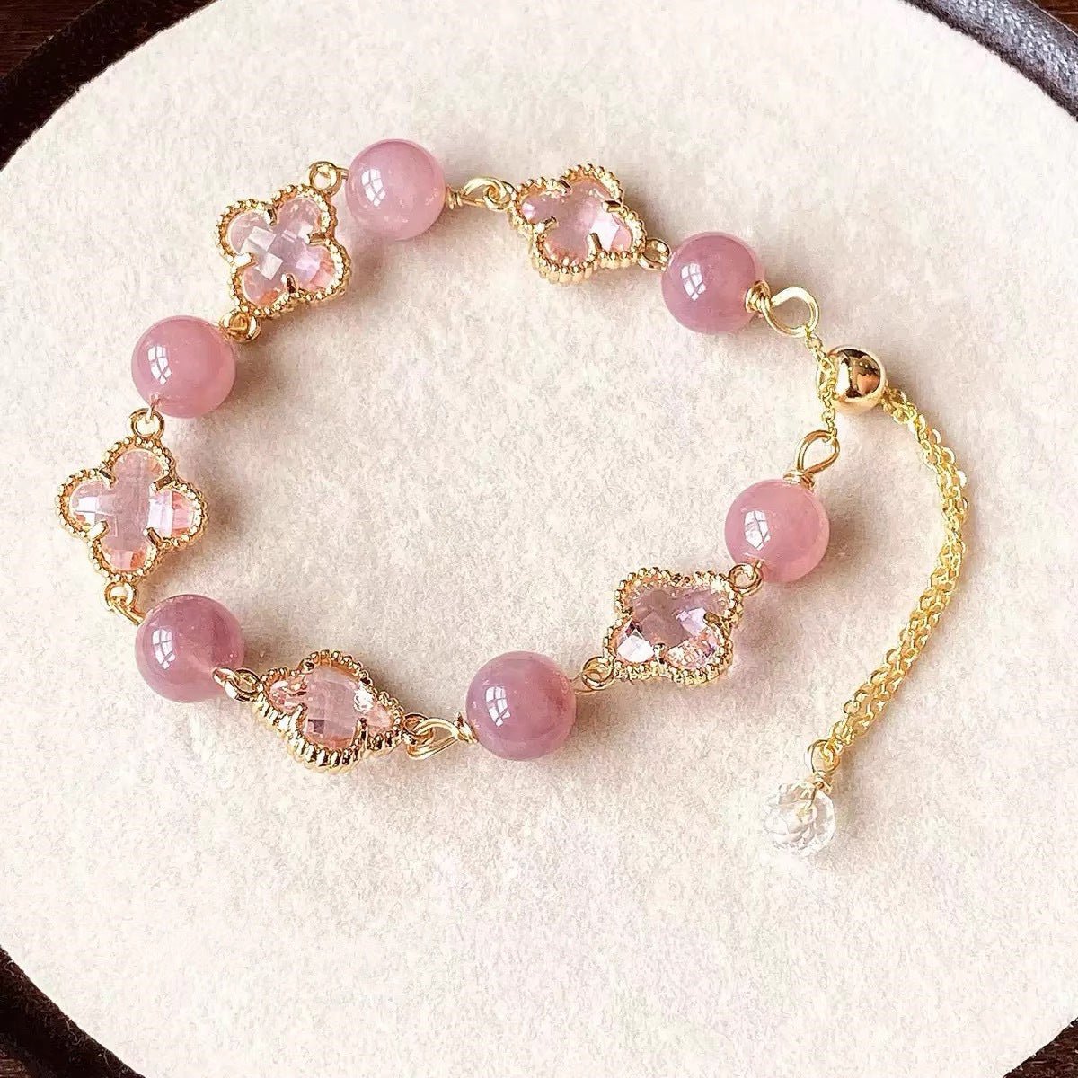 Natural Strawberry Crystal Four - leaf Clover Crystal Bracelet - CN Heal Vibe