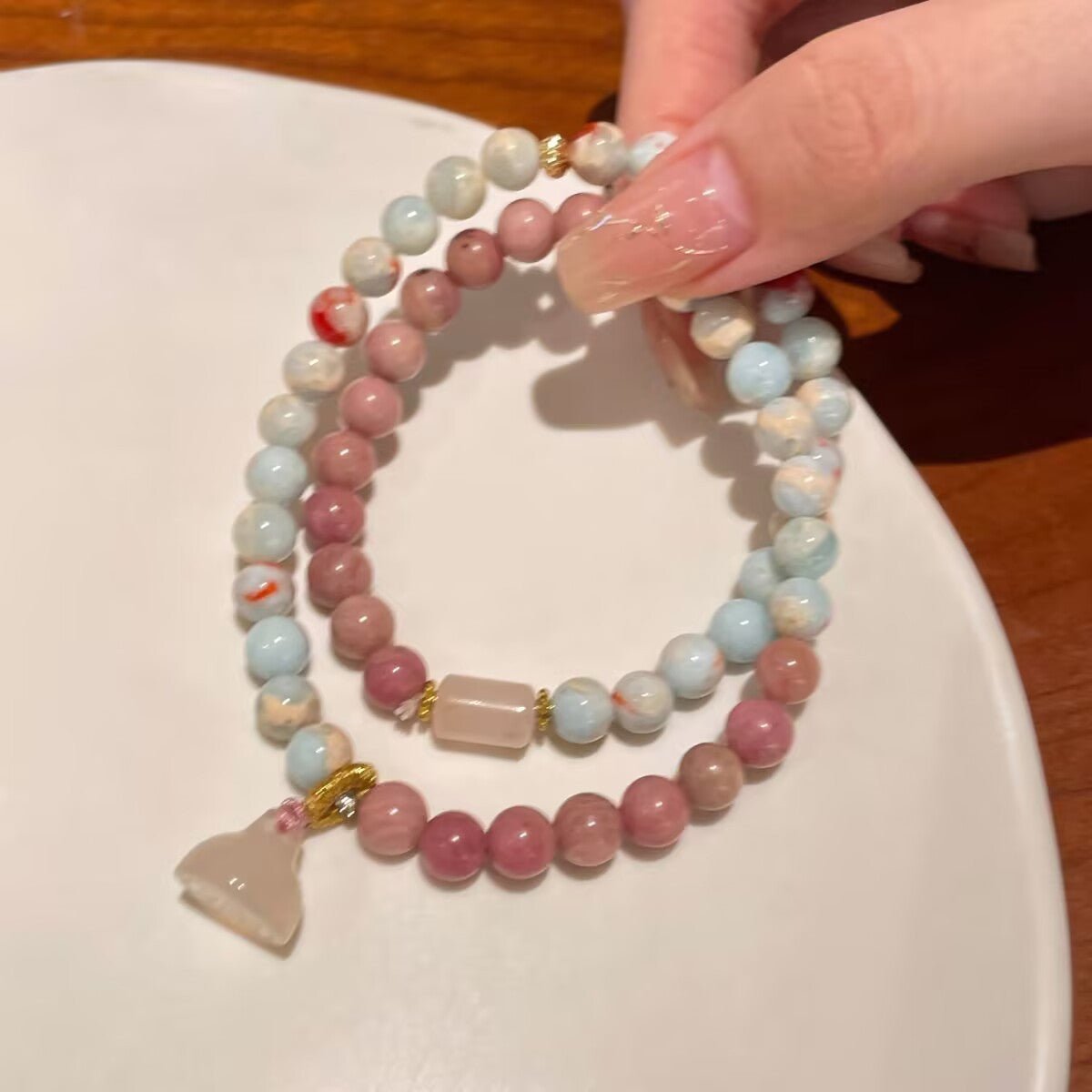 New Chinese Style Shoushan Stone Bracelet Red Vein Stone Pink Quartz Lotus Women's Jewelry Layered Wear Light Luxury Beads - CN Heal Vibe