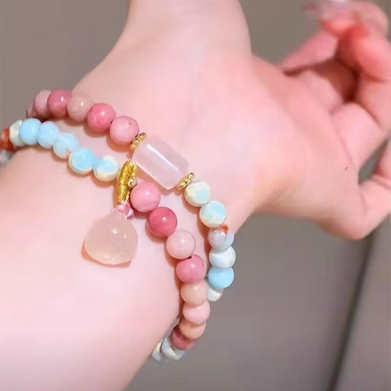 New Chinese Style Shoushan Stone Bracelet Red Vein Stone Pink Quartz Lotus Women's Jewelry Layered Wear Light Luxury Beads - CN Heal Vibe