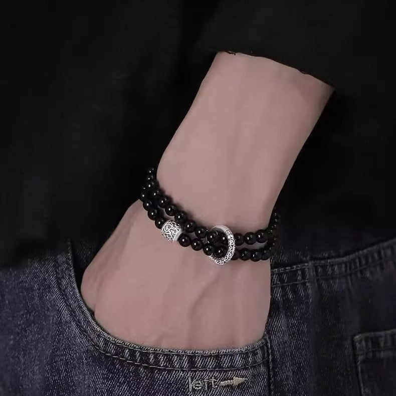 Pure Silver Qingyun Soaring Lucky Cloud Peace Buckle Double Layer Obsidian Trendy Cool High - End Bracelet - CN Heal Vibe