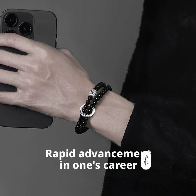 Pure Silver Qingyun Soaring Lucky Cloud Peace Buckle Double Layer Obsidian Trendy Cool High - End Bracelet - CN Heal Vibe