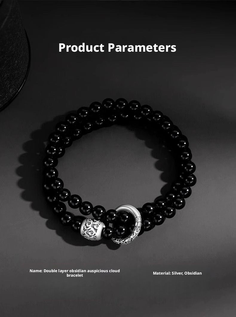 Pure Silver Qingyun Soaring Lucky Cloud Peace Buckle Double Layer Obsidian Trendy Cool High - End Bracelet - CN Heal Vibe