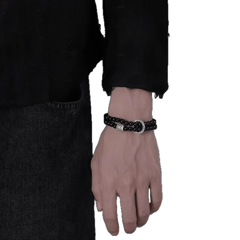 Pure Silver Qingyun Soaring Lucky Cloud Peace Buckle Double Layer Obsidian Trendy Cool High - End Bracelet - CN Heal Vibe