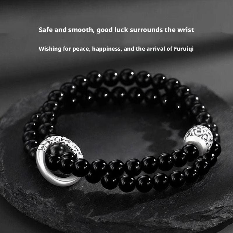 Pure Silver Qingyun Soaring Lucky Cloud Peace Buckle Double Layer Obsidian Trendy Cool High - End Bracelet - CN Heal Vibe