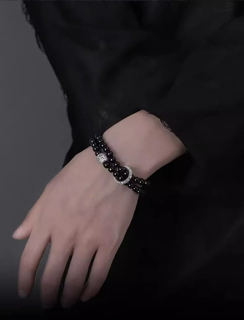 Pure Silver Qingyun Soaring Lucky Cloud Peace Buckle Double Layer Obsidian Trendy Cool High - End Bracelet - CN Heal Vibe