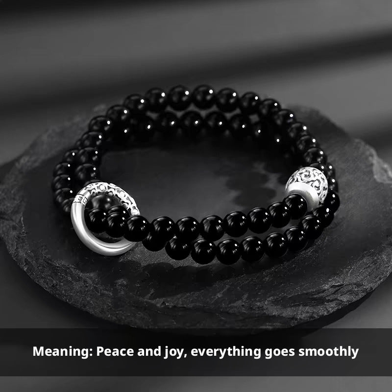 Pure Silver Qingyun Soaring Lucky Cloud Peace Buckle Double Layer Obsidian Trendy Cool High - End Bracelet - CN Heal Vibe