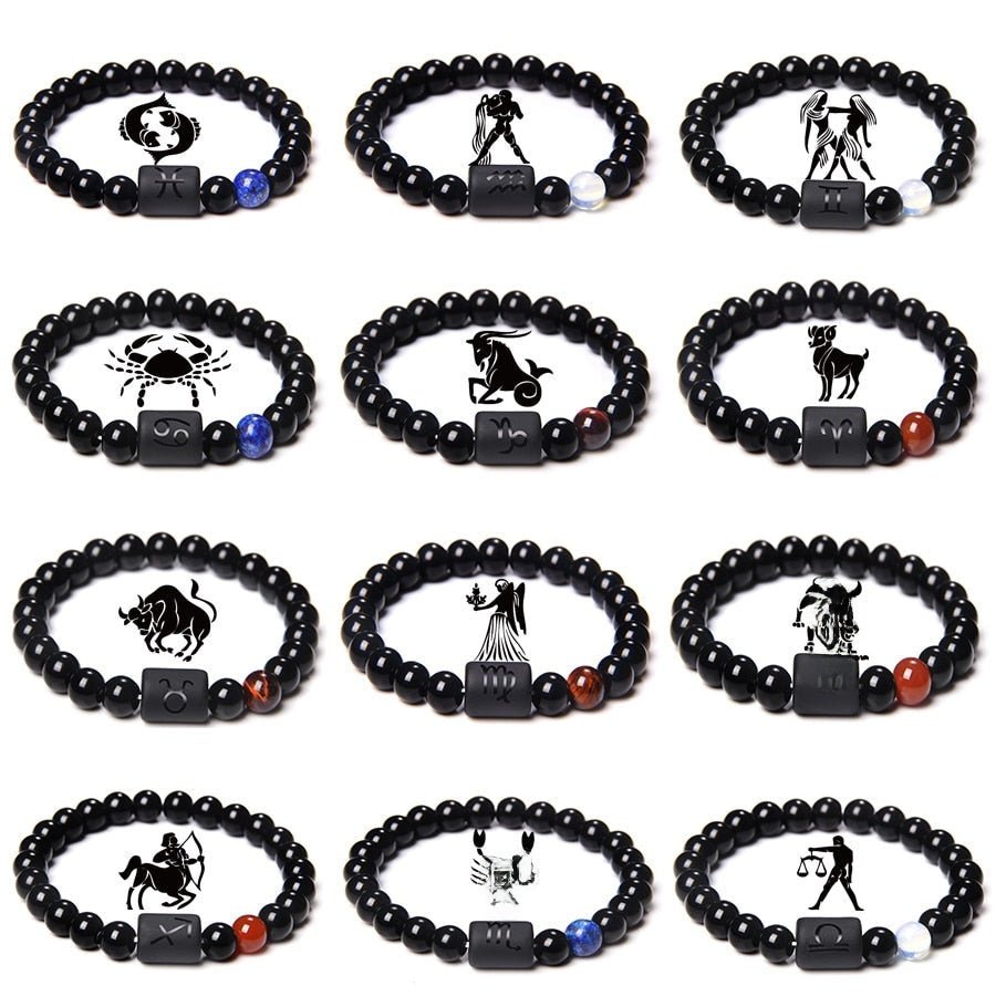 Twelve Zodiac Signs Men and Women Couple Yellow Tiger Eye Stone Beads Bracelet Zodiac Sign Black Agate Stone Bracelet - CN Heal Vibe