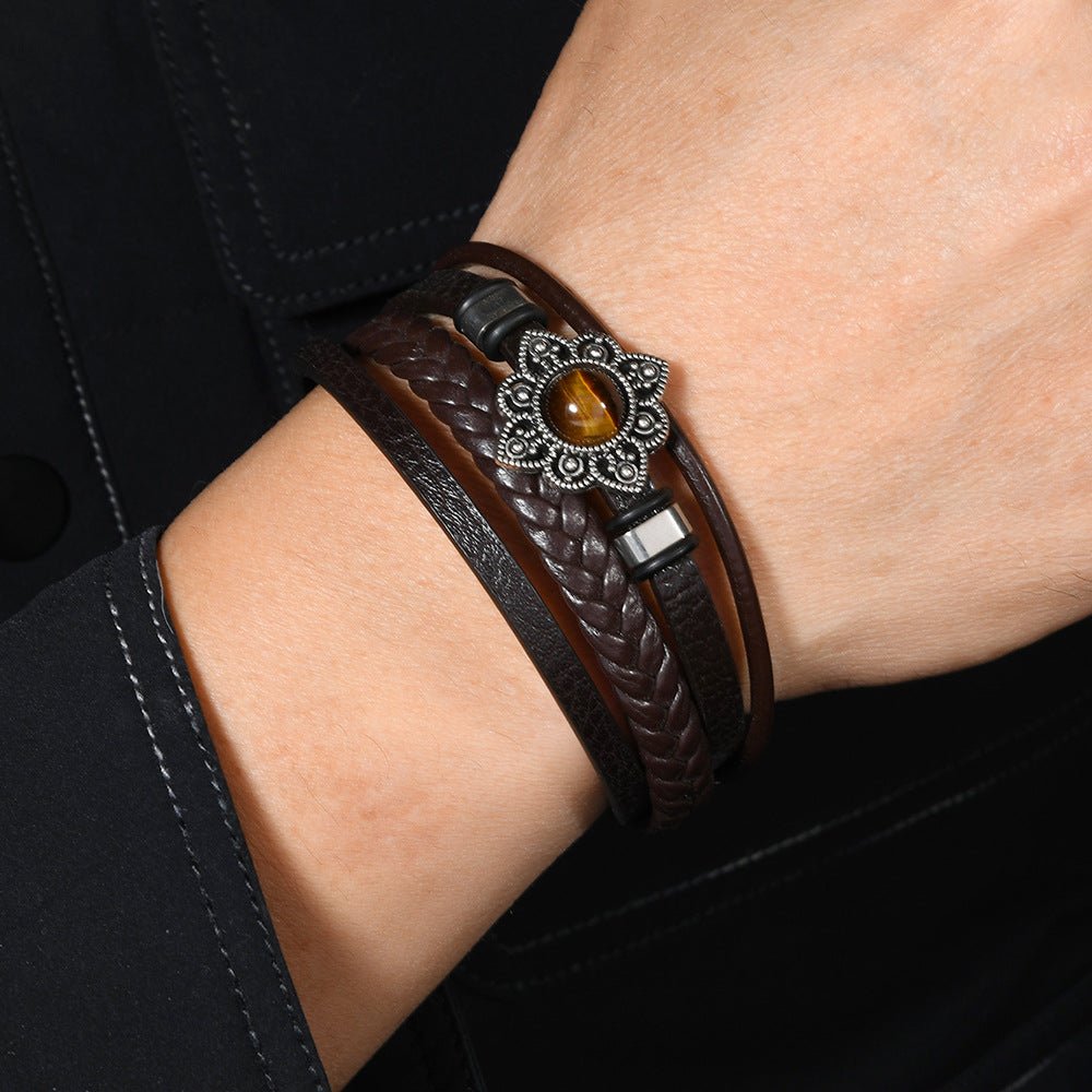 Vintage Style Alloy Flower Tiger Eye Stone Magnetic Clasp Multi - layer Leather Woven Men's Bracelet - CN Heal Vibe