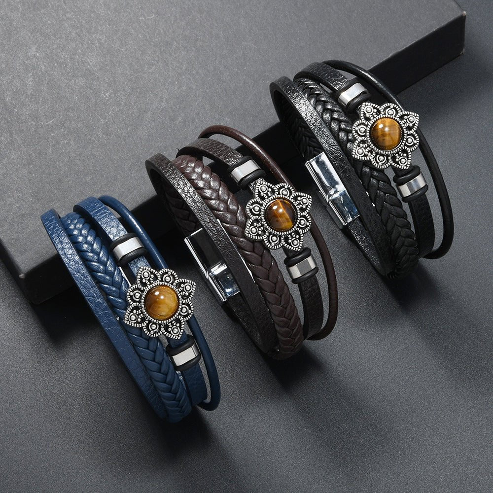 Vintage Style Alloy Flower Tiger Eye Stone Magnetic Clasp Multi - layer Leather Woven Men's Bracelet - CN Heal Vibe