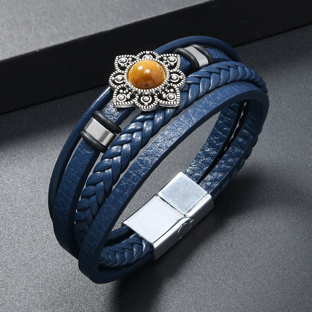 Vintage Style Alloy Flower Tiger Eye Stone Magnetic Clasp Multi - layer Leather Woven Men's Bracelet - CN Heal Vibe